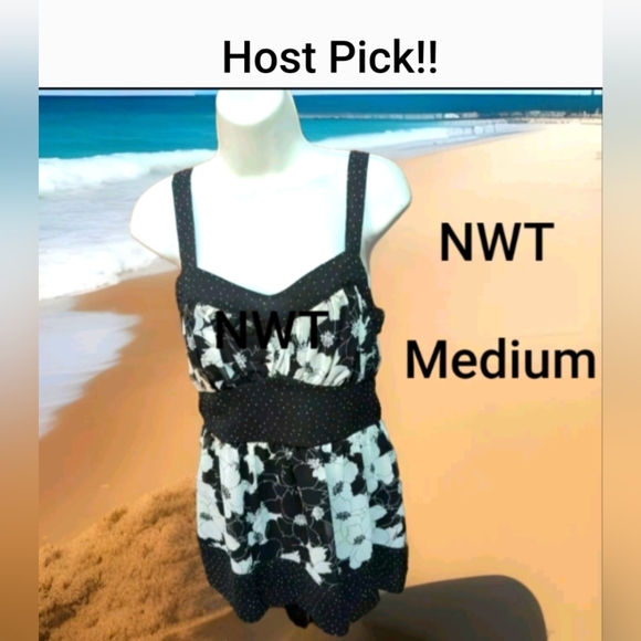 Mixit Tank Top Draped Sweetheart Floral & Dots Black White Summer NWT Medium - Picture 1 of 13
